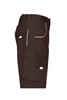 Brown work shorts featuring multiple pockets and an elastic waistband. The design includes contrasting piping and a logo.