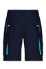 Navy work shorts featuring multiple pockets and light blue accents. Includes a waistband for comfort and ease of wear.