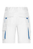 White work shorts featuring blue detailing and multiple pockets, with an elastic waistband for comfort.