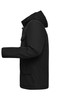 A black men's business jacket featuring a hood and side pockets, displayed in a side profile view.
