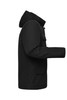 A black men's business jacket with a hood, featuring a side view and a front pocket.
