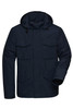 A navy blue men's business jacket with a hood, featuring multiple pockets and a zip closure.
