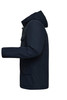 A navy men's business jacket with a hood, featuring a side view and pockets. It has a logo on the fabric.