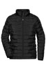 A black padded jacket with a zip front and stand-up collar. Features a logo on the jacket.