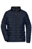 A navy blue modern padded jacket with a zip front and vertical quilted design. It features a logo on one side.