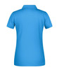 A blue women's polo shirt featuring a collar and short sleeves, with a branded logo on the back.