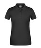 A black ladies' polo shirt with a collar and button placket, designed as workwear. It features a logo on the chest.