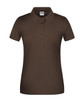 A brown ladies' polo shirt featuring a collared neck and five buttons, with a logo on the chest.