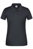 A short-sleeved ladies' polo shirt in dark navy blue with a classic collar and button placket, featuring a logo.