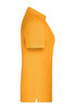 A side view of a bright yellow polo shirt with short sleeves, featuring a logo on the chest.