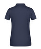 A navy blue ladies' polo shirt featuring a collar and short sleeves, with a logo on the back.