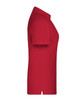 A red polo shirt with short sleeves, featuring a logo on the left side. It is designed for women's workwear.