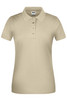 A beige ladies' polo shirt with a collared neckline and button placket. Features a logo on the chest.