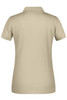 A beige polo shirt with a collar and short sleeves, featuring a logo on the back.