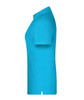 A turquoise polo shirt, featuring a classic design and a logo, viewed from the side.