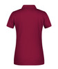 A maroon ladies polo shirt featuring a collar and short sleeves, with a logo on the back.