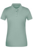 A light green women's polo shirt with a collar and five buttons, featuring a logo.