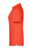 A side view of a bright red ladies polo shirt, featuring short sleeves and a collar. The shirt has a logo.