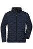 A men's modern padded jacket in navy blue, featuring a zip closure and a stand-up collar. It has a logo on the chest.