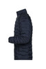A navy men's modern padded jacket with a side profile view, featuring a quilted design and high collar.