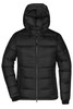A black padded jacket with a hood, featuring a zip front and side pockets. Includes branding on the design.