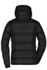 A black padded jacket with a hood, featuring a quilted design and a logo on the back.
