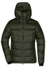 A dark green padded jacket with a hood, featuring zippered pockets and elastic cuffs. It has a logo on the chest.