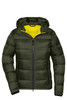 A green ladies' padded jacket with a hood and yellow lining, featuring a zip front and pockets.