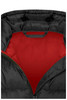 A black puffer jacket with a red interior, featuring a zip closure and an inner handle.