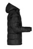 A men's padded puffer jacket in black, featuring a hood and side view details. It has a logo on the front.