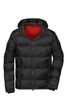 A black padded jacket with a hood, featuring a red inner lining and a front zip closure. It has a logo on the jacket.