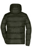 A men's padded puffer jacket in dark green, featuring a hood and quilted design on the back.