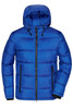 A blue padded jacket featuring a hood, zip front, and black zipper accents. The jacket has a logo on it.