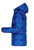 A blue padded puffer jacket with a hood, featuring zippered pockets and ribbed cuffs. It has a logo on the front.