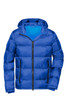 A blue padded puffer jacket with a hood and zippered front, featuring two side pockets and a logo.