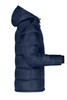 A navy blue men's padded puffer jacket with a hood and zippered pockets, featuring a logo on the sleeve.