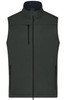 A men's softshell vest in dark green, featuring a zippered front and side pockets, with a logo present.