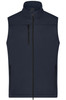 A navy softshell vest featuring a high collar and multiple zippered pockets, with a logo on the chest.