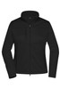 A black ladies softshell jacket featuring a zip-up front and multiple zip pockets, with a branded logo.