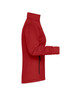 A red ladies softshell jacket displayed from the side, featuring a zippered pocket and a high collar.