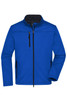 A blue men's softshell jacket with a zip front, featuring black accents and pockets. It has a logo on the chest.