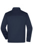 A navy men's softshell jacket with a high collar and a smooth finish, featuring a logo on the back.