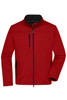 A red softshell jacket featuring a zippered front and side pockets, with a contrasting black interior and branding.