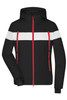 A black soft shell jacket with white and red stripes, featuring a hood and multiple zippered pockets.