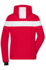 A red and white ladies' soft shell winter sport jacket featuring a hood and a logo on the back.