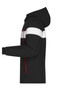 A men's winter sport jacket in black with white and red accents, featuring a hood and zippered pockets.