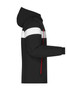 A men's winter sport jacket in black with white and red accents, featuring a hood and zippered pockets.