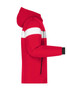 A red men's wintersport jacket featuring a white stripe and a hood, with a side view showcasing its design.