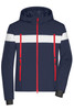 A men's winter sport jacket in navy blue with a white stripe and red zippers, featuring multiple zip pockets.
