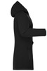 A black ladies business parka with a hood and zippered pockets, featuring a sleek, modern design. It has a logo.